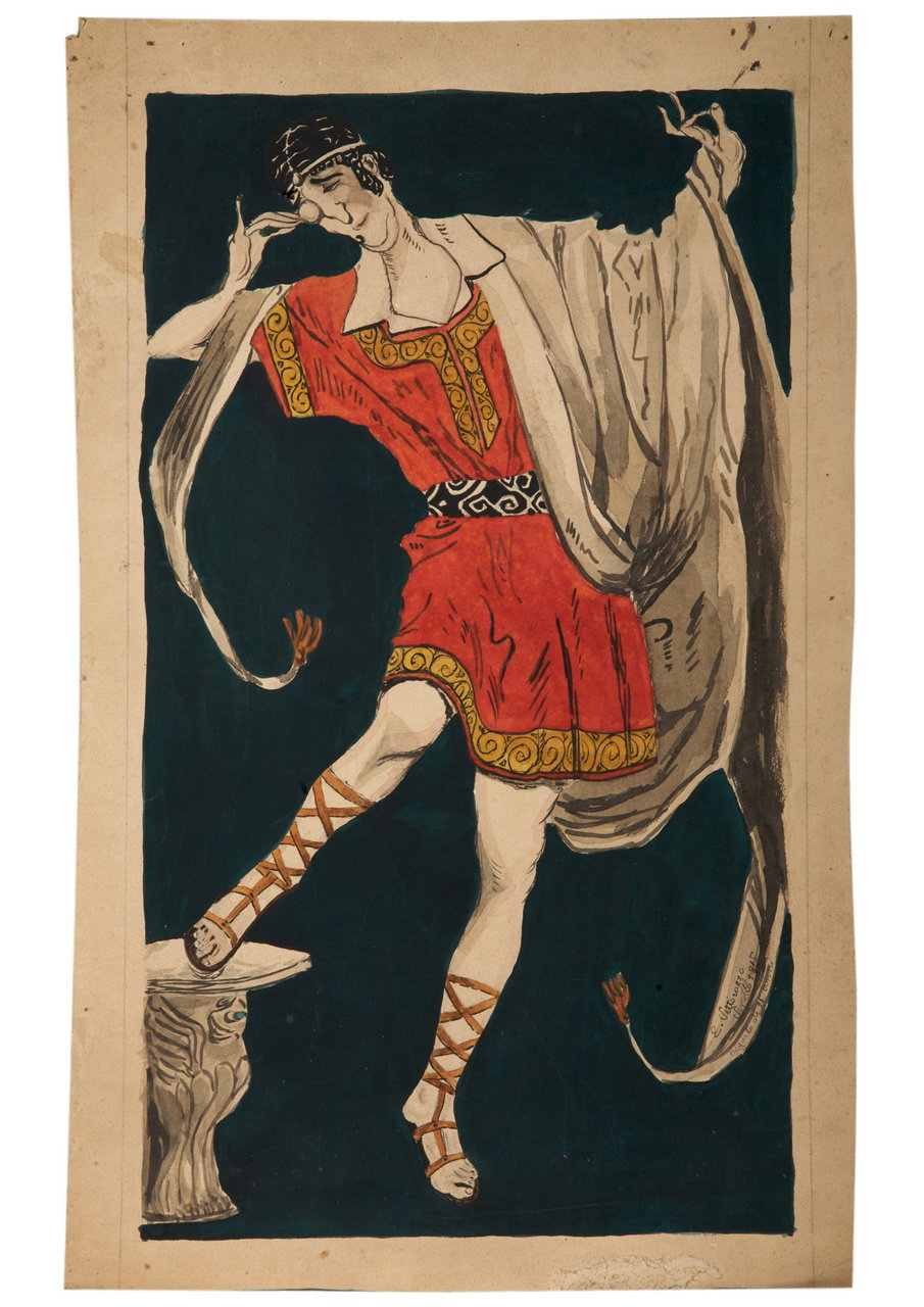 uomo togato osserva con un monocolo un calzare (disegno preparatorio, opera isol